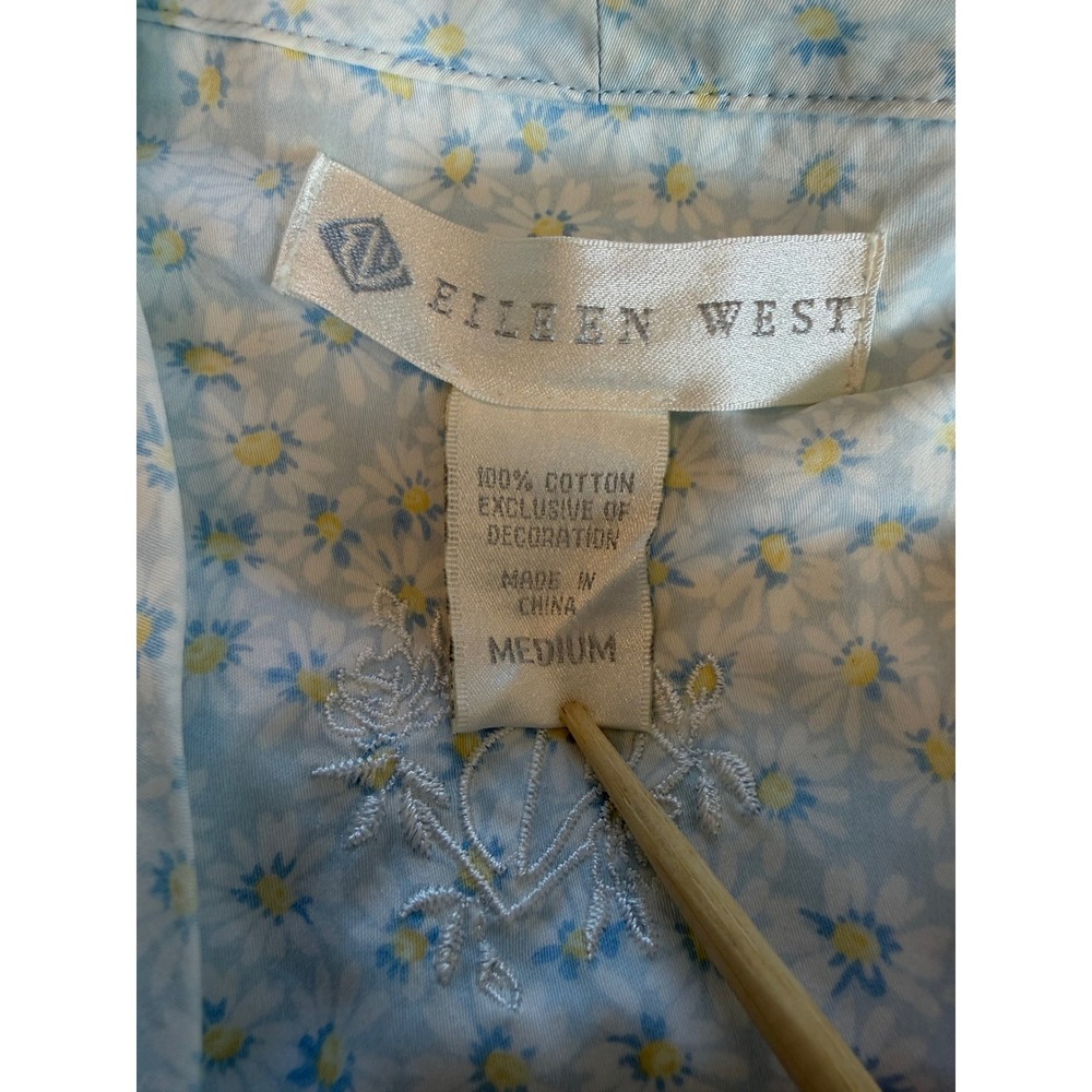 Eileen West Blue Floral Cotton Robe Medium Daisy Print Lace Trim Pockets Wrap - Picture 8 of 13